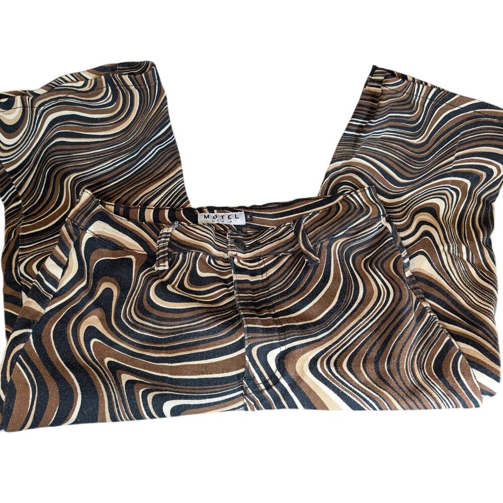 Motel Denim Swirl Print Flare Jeans Y2K Groovy Psychedelic Brown Women's M